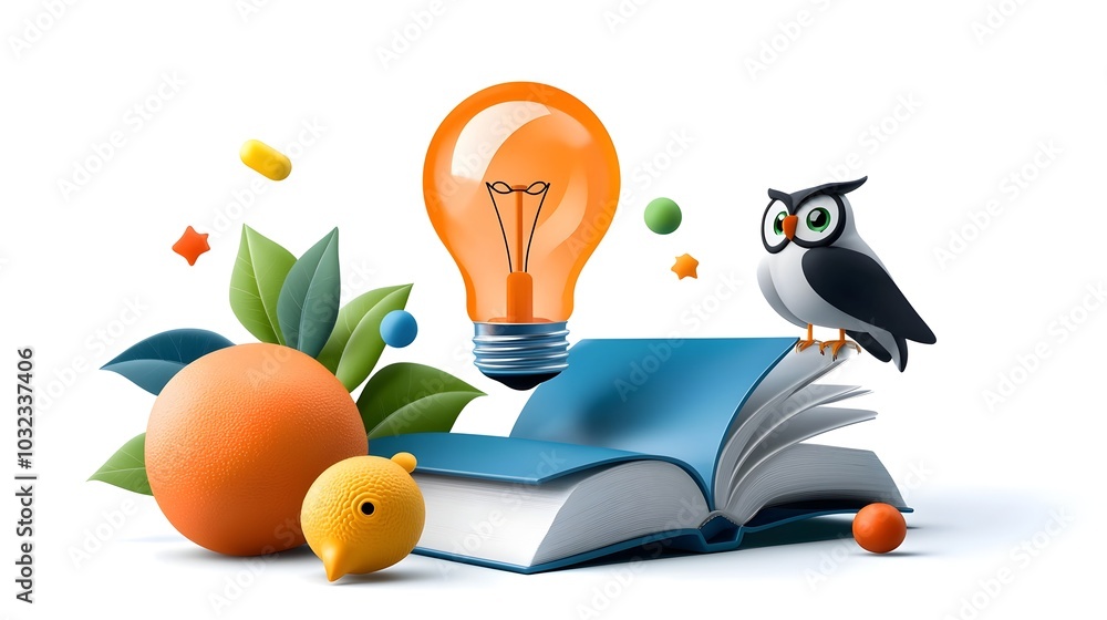 Poster A set of minimalist symbols and icons showcasing concepts related to knowledge learning and education including a brain light bulb book