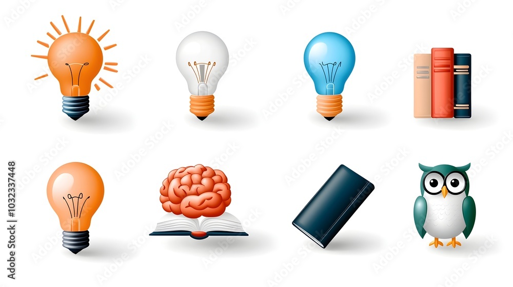 Poster Minimalist set of icons and symbols representing knowledge learning and academic concepts including a brain light bulb book and owl
