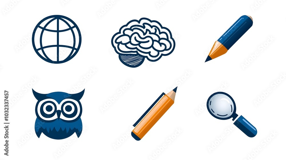 Poster Minimalist featuring a collection of knowledge and creativity symbols like idea globe brain and owl designed in a thin line style for educational and intellectual applications