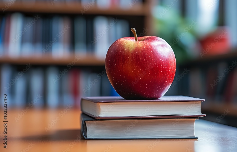 Poster a red apple resting on a closed book in a modern library setting during daytime