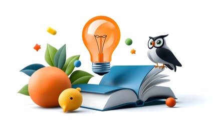 A set of minimalist symbols and icons showcasing concepts related to knowledge learning and education including a brain light bulb book