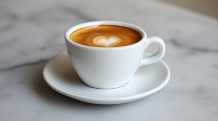 Rich espresso coffee shot with perfect crema in a minimalist white ceramic cup


