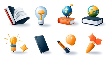 Minimalist line icons depicting intellectual concepts such as knowledge cleverness education research and imagination  Clean modern design for academic learning and problem solving themes