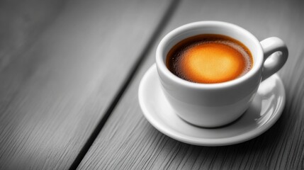Rich espresso coffee shot with perfect crema in a minimalist white ceramic cup

