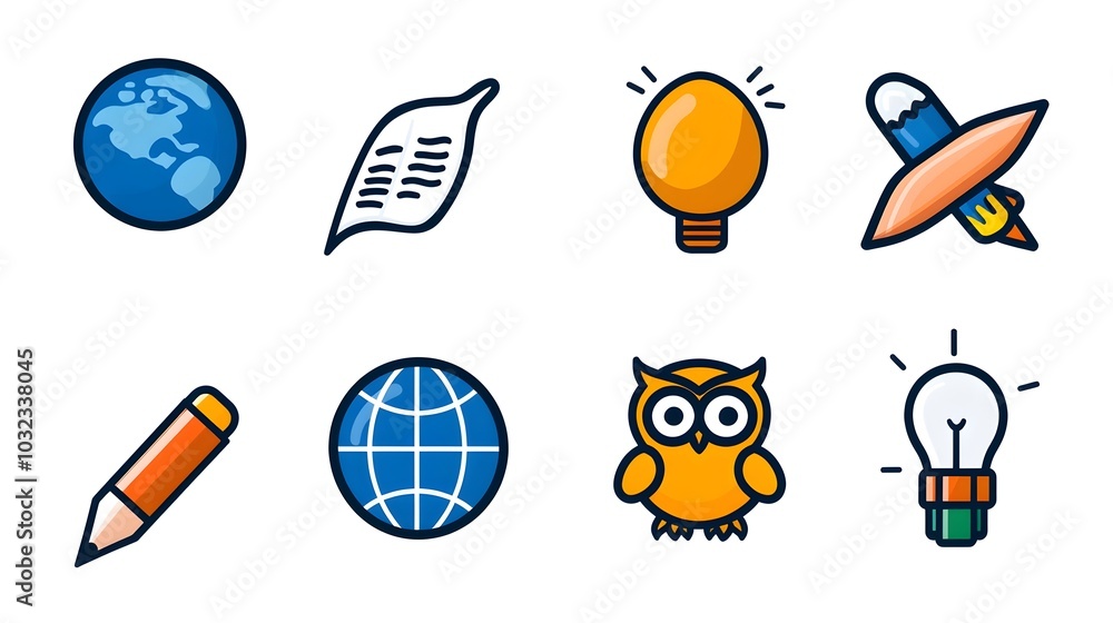 Poster Minimalist and thin line featuring various symbols representing knowledge creativity and intellectual concepts like idea globe brain and owl for use in educational academic