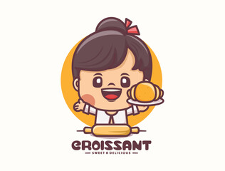 female cartoon mascot design with croissant. bakery logo template