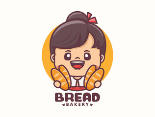 female cartoon mascot design with bread. food logo template