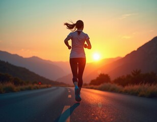Human running on an open road at sunrise in a mountainous landscape. Outdoor fitness and exercise concept. Inspirational sports photography for poster, banner, and website design.