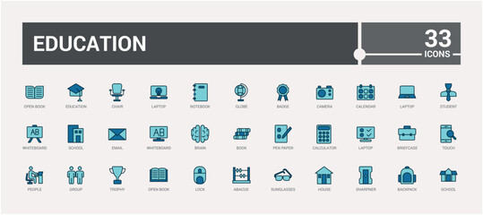 Education and back to school colorful icons set. Line and solid icons pack. collection for web and ui. Outline filled color symbol bundel, Icon names are written in English.