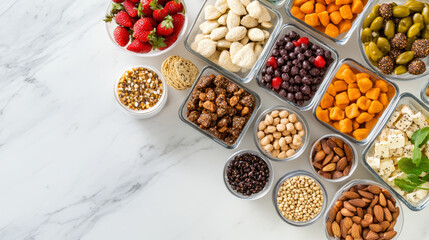 A collection of specialty diet foods like keto-friendly snacks, with clear labels and a mix of savory and sweet items arranged neatly on a marble countertop