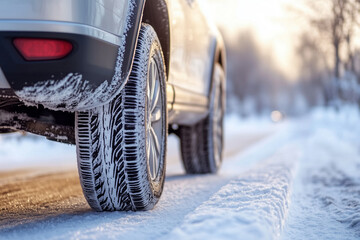 Car on a winter road with snow, close-up of car wheels in motion