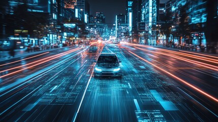 A car drives through a city street at night, with digital code overlaid on the road, symbolizing the future of transportation.
