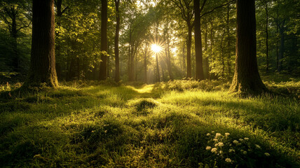 Obraz premium Sunlit forest clearing with tall trees in the background, dappled sunlight on the grass, and an open area in the foreground for copy space.