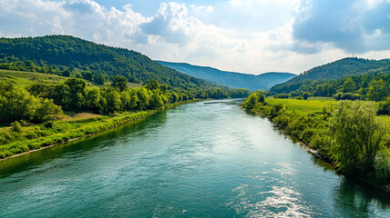 Peaceful river flowing through a green valley, forested hills in the distance, and a clear area of water or sky for copy space.