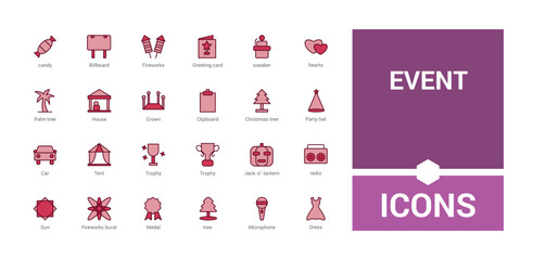 Set of event web icons in colorful line style. Event organization icons for web and mobile app. Line and solid color icon collection. Outline filled symbol pack, Icon names are written in English.