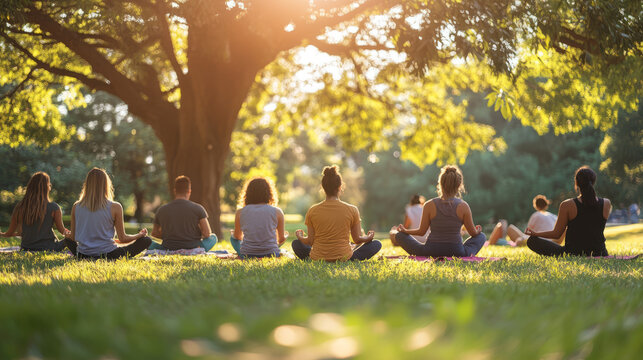 A community wellness program in session, featuring participants engaging in yoga and meditation under a tree in a park, promoting physical and mental health