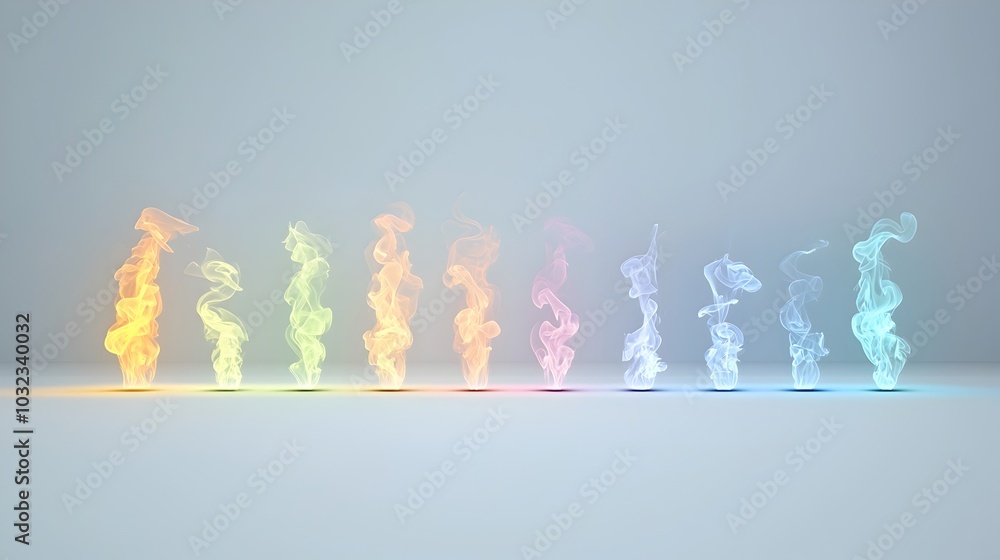Poster mesmerizing multicolor smoke plume with subtle gradients floating freely and dispersing on a transpa