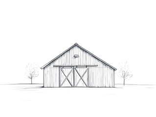 Minimalist Sketch of a Rustic Barn Building on Clean White Background