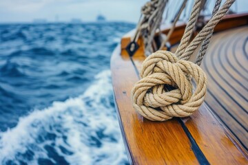 Fototapeta premium Close-up of intricate rope knot on the wooden ship s bow, glistening waves providing a serene backdrop, maritime tranquility, capturing the peacefulness of sea travel