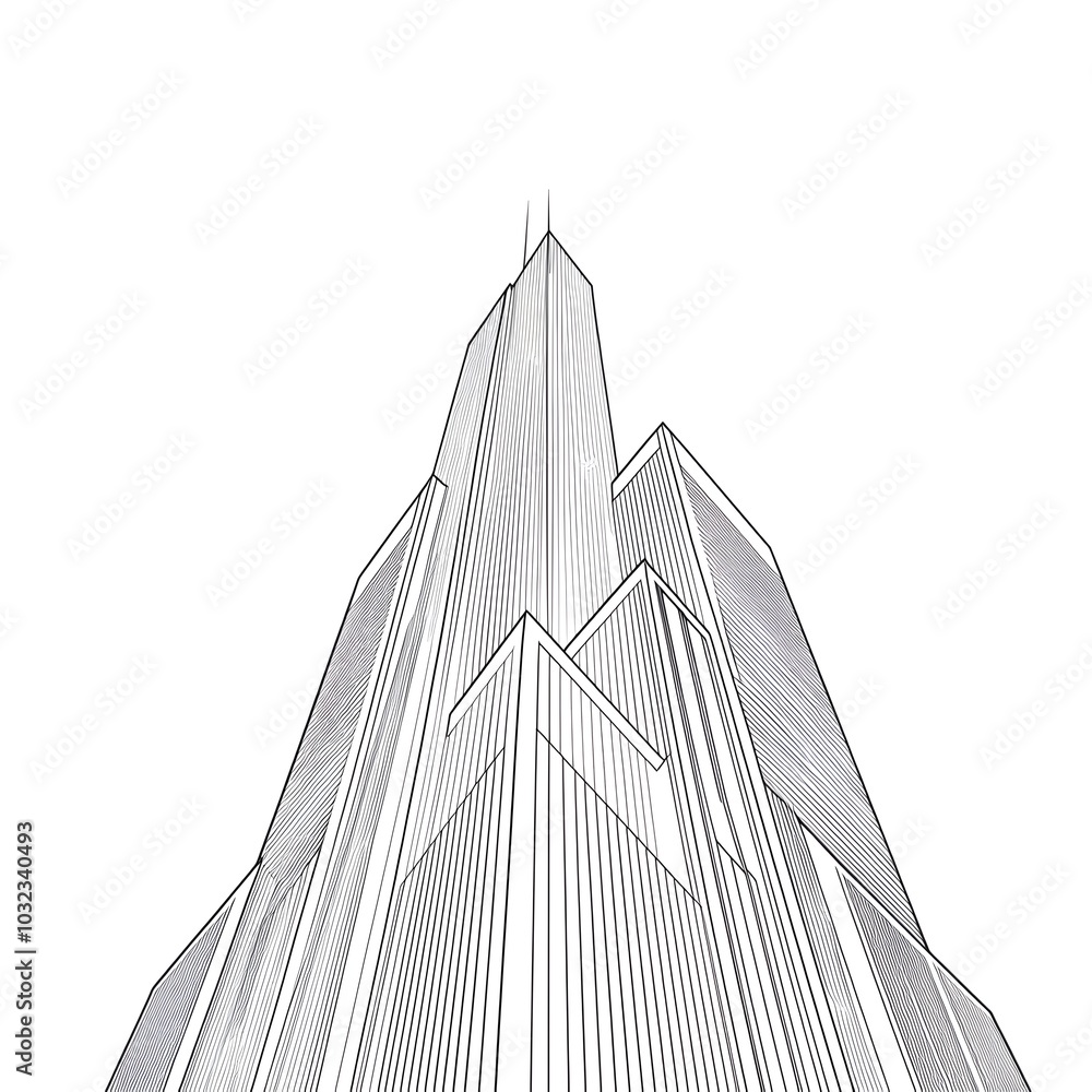 Poster minimalist line drawing of futuristic skyscraper with sharp angles on white background