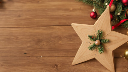 christmas wooden star decoration on wooden background