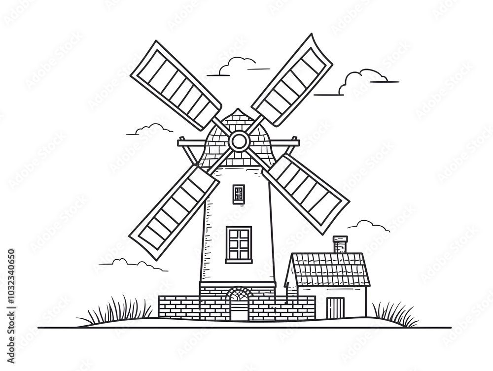 Poster elegant traditional windmill line drawing with simple building structure on clean white background