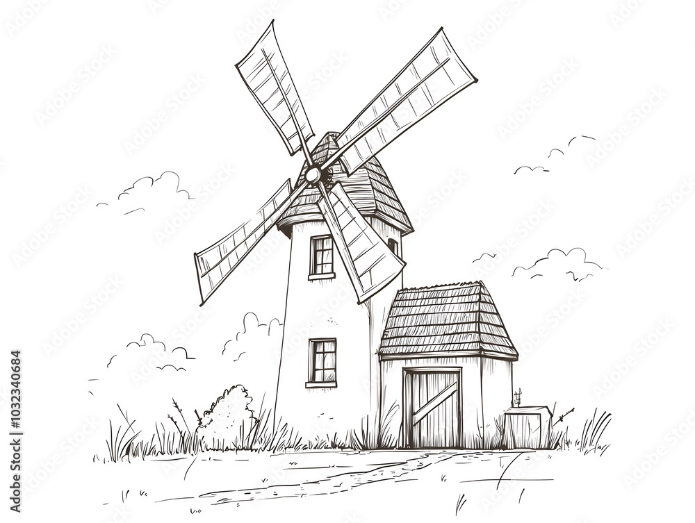 Poster minimalist line drawing of a traditional windmill with sails and simple building structure on a whit