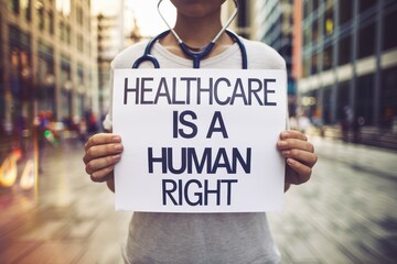 A woman holds a sign that says healthcare is a human right
