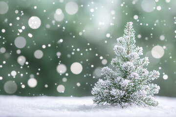 Obraz premium Enchanted Winter Wonderland, a dreamy scene of a Christmas tree adorned with shimmering lights, softly blurred against a backdrop of gentle snowfall.
