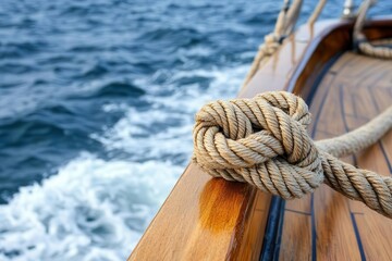 Close-up of intricate rope knot on the wooden ship s bow, glistening waves providing a serene backdrop, maritime tranquility, capturing the peacefulness of sea travel