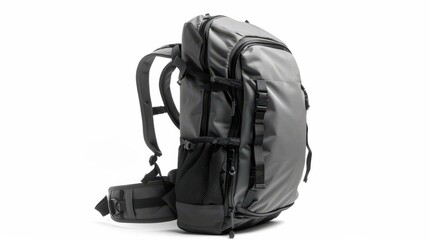 Naklejka premium Gray Backpack Side View Isolated on White Background for Travel and School Use