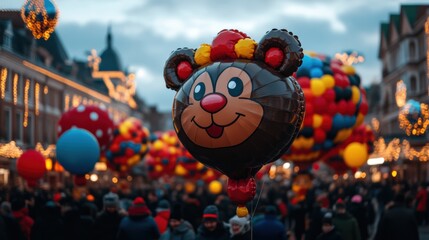 Obraz premium A cheerful bear-shaped balloon floats above a bustling festive street market, surrounded by lights, colorful balloons, and crowds of people.