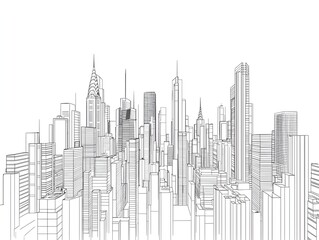 Fototapeta premium Minimalist Outline of a Bustling Cityscape with Tall Buildings on a White Background
