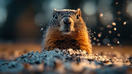 A close-up of a curious groundhog with snow on its fur, emerging from the ground during a winter scene, with soft focus in the background.