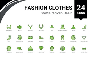 Set of colorful icons related to fashion, cawing, and clothing. Line and solid icon collection for web and ui. Outline icon pack, Filled icon names are written in English.