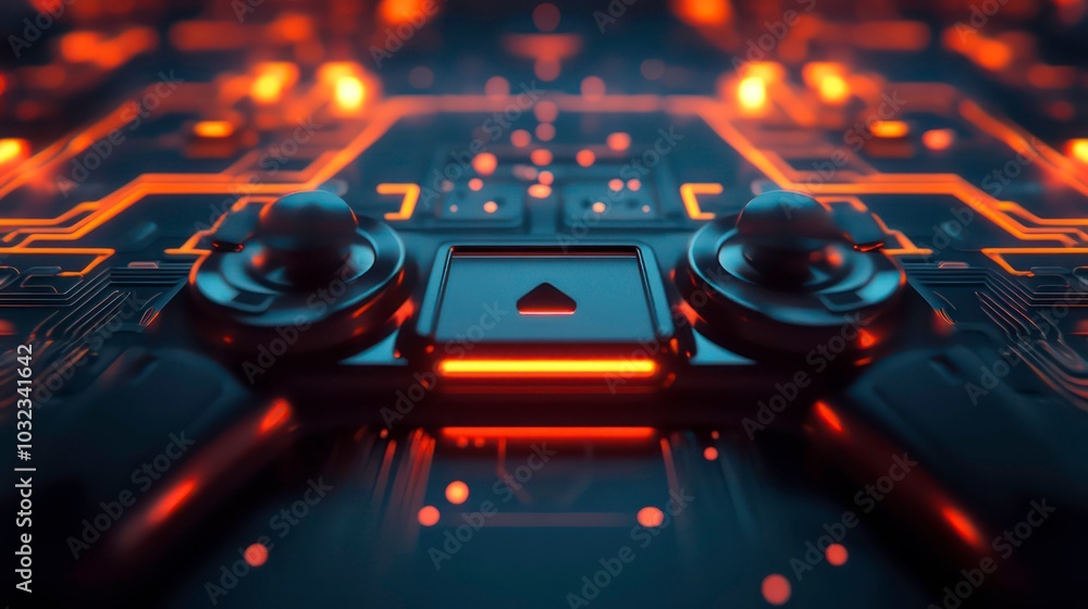 Poster close-up of a futuristic, glowing circuit board with two circular buttons and a triangular button.