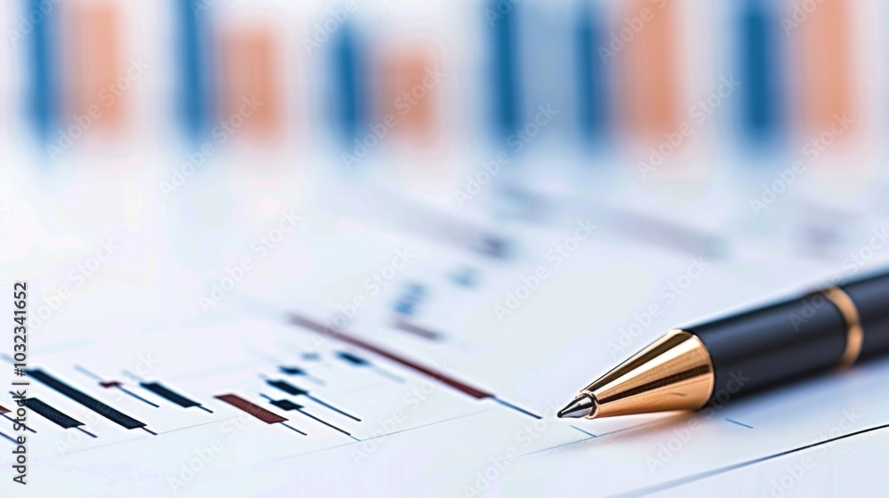 Poster close-up of pen on financial chart with graphs and data analysis.