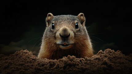 Close-up of a ground squirrel peeking out from a dirt mound, with a dark background emphasizing its alert and curious expression.