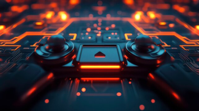Close-up of a futuristic, glowing circuit board with two circular buttons and a triangular button.