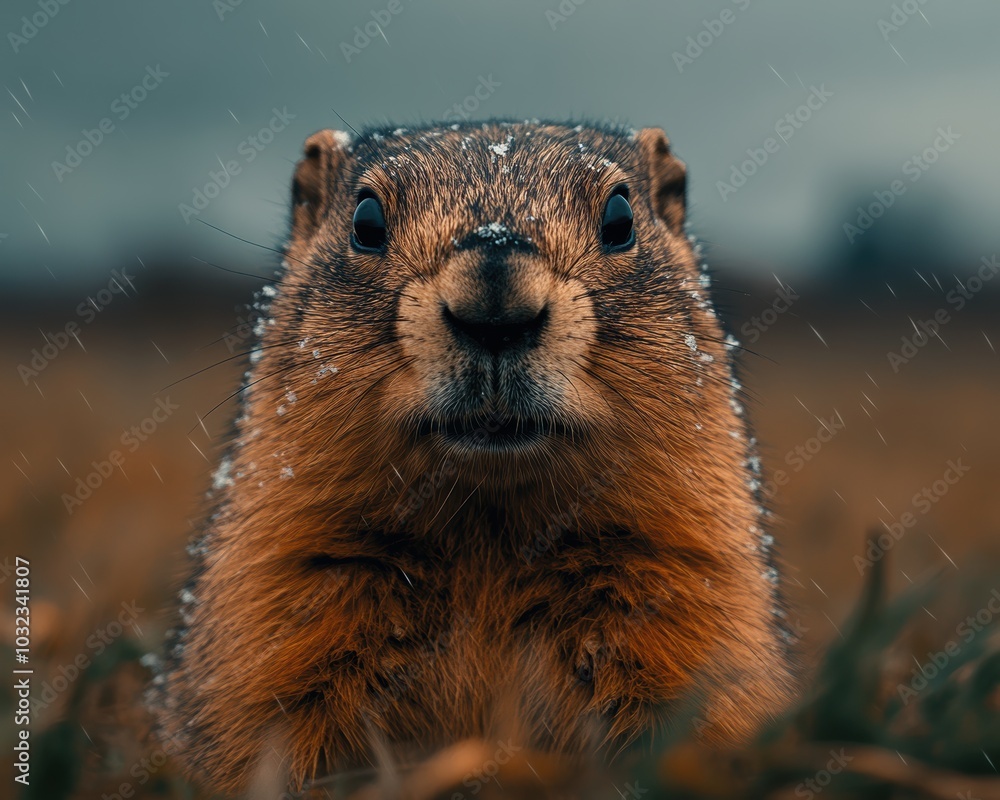 Wall mural a detailed close-up of a ground squirrel with snowflakes on its fur, standing in a field during ligh