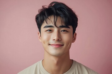 Portrait of young handsome asian beauty smile man isolated background, Generative AI