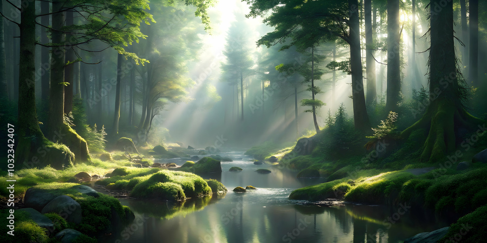 Poster sunlit forest stream: a tranquil scene of a sun-dappled forest stream, sunlight filtering through th