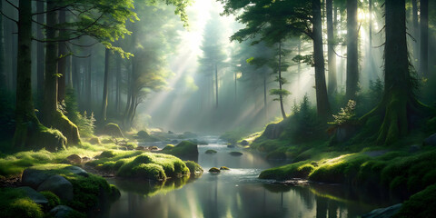 Obraz premium Sunlit Forest Stream: A tranquil scene of a sun-dappled forest stream, sunlight filtering through the trees, creating a magical, serene atmosphere.