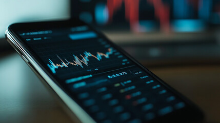 This image of a smartphone displaying stock market data is popular for mobile trading app promotions.