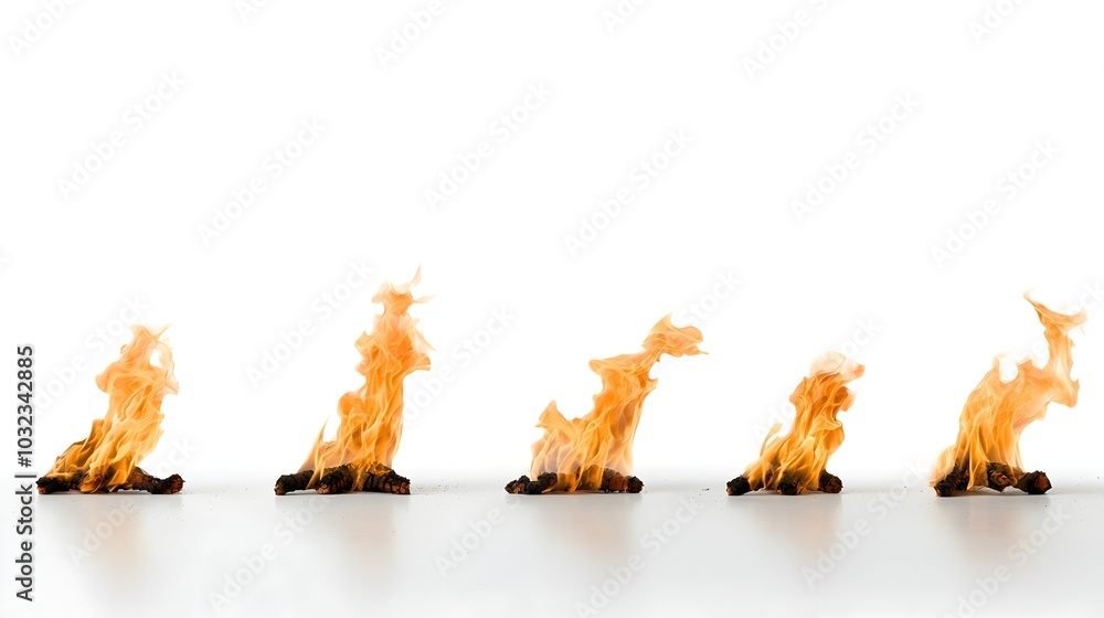 Fototapete isolated and naturally rising fire flames with soft glowing edges and embers against a clean white b