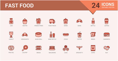 Fast food colorful line icons set. Related to Burger, donut line and solid color icon collection for web and ui. Outline symbol pack, Icon names are written in English.