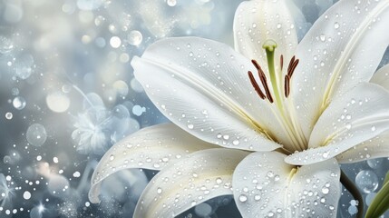 Fototapeta premium Elegant White Lily with Dewdrops on Soft Background