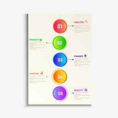 Design template for vector infographic labels with icons and 5 options or steps. Suitable for process diagrams, presentations, workflow layouts, banners, flow charts, and infographics.
