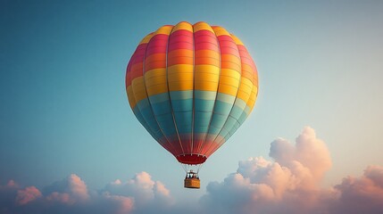Naklejka premium Colorful hot air balloon soaring through the sky, surrounded by clouds, at sunset.