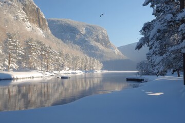 A serene winter landscape featuring a snow-covered river, majestic mountains, and frost-covered pine trees under a clear blue sky.